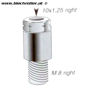 Spiegeladapter / Spiegelhalterung M8 Rechtsgew. unten auf M10 Rechtsgew. oben