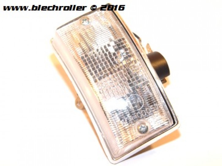 Blinker vorne/rechts STELLA - komplett, für Vespa PX80-200/PE /Lusso/T5/LML Star Deluxe - Weiß mit Chromgehäuse