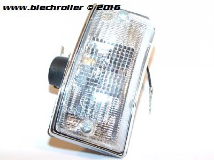 Blinker vorne/links STELLA - komplett, für Vespa PX80-200/PE /Lusso/T5/LML Star Deluxe - Weiß mit Chromgehäuse