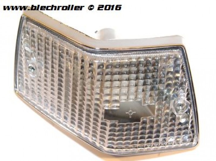 Blinker hinten/links STELLA - komplett, für Vespa PX80-200/PE /Lusso/T5/LML Star Deluxe - Weiß mit Chromgehäuse