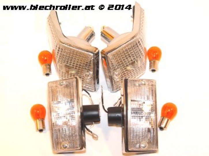 Blinker KIT vorne & hinten, für Vespa PX80-200/PE /Lusso/T5/LML Star Deluxe - Weiß mit Chromgehäuse