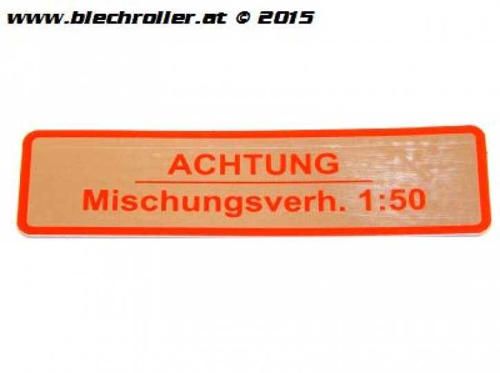 Aufkleber "Achtung Mischungsverh.1:50" für Vespa 50-125/PV/ET3/ 125 VNB-TS /150 VBA-Super/Rally /PX/PE - Rot