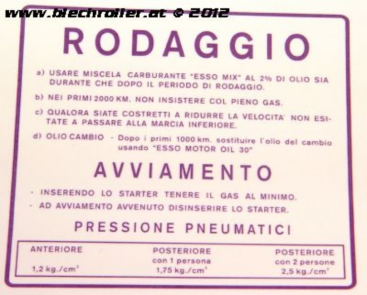 Aufkleber Einfahrvorschrift RODAGGIO für Vespa 180-200 Rally