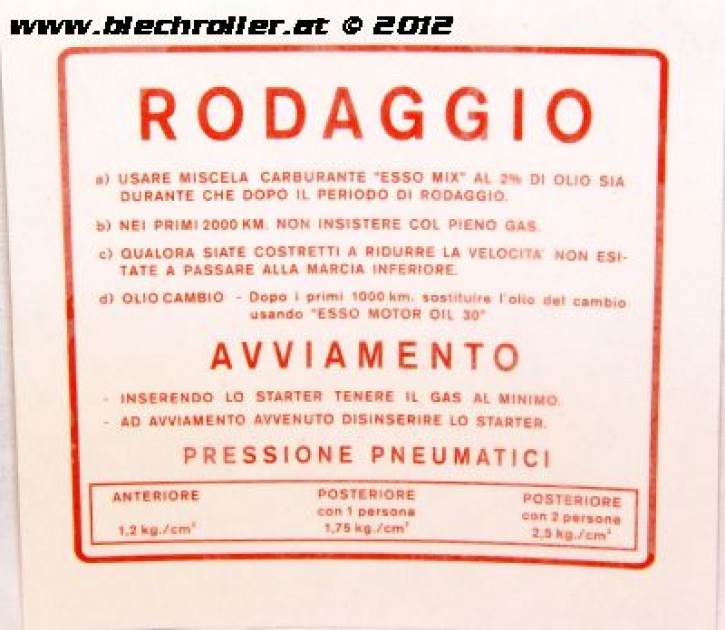 Aufkleber Einfahrvorschrift RODAGGIO für Vespa 180-200 Rally
